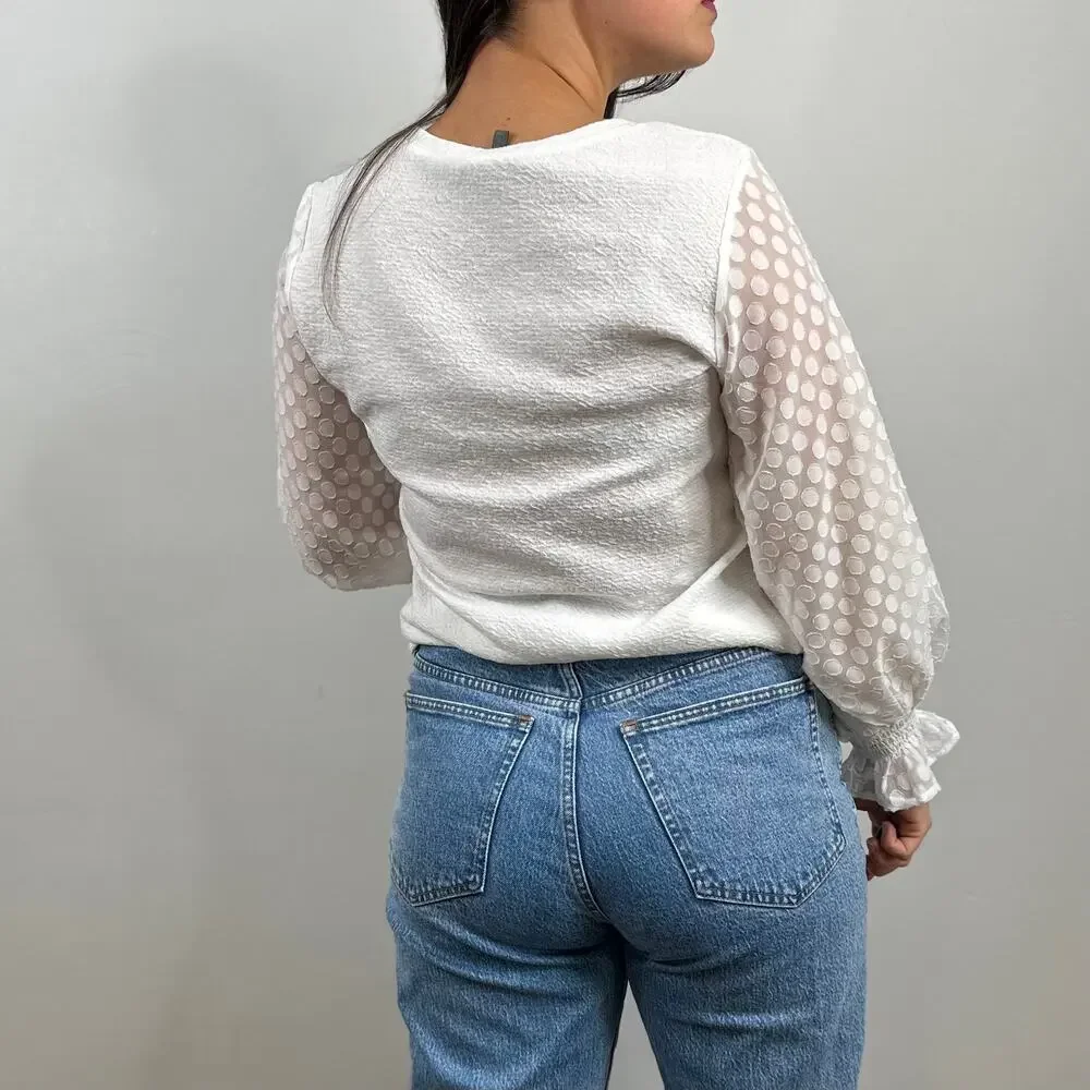 Sunday in Brooklyn White Sheer Polka Dot Sleeve Blouse